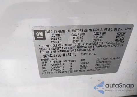 2017 Chevrolet Trax Lt из США, поврежденный, VIN 3GNCJLSB0HL184145